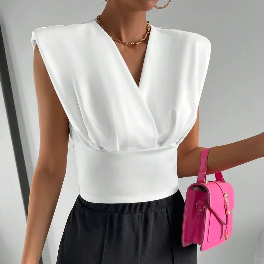 White Casual Women's Short Sleeve Shoulder Padded T-Shirt Top - Picture 5 of 6